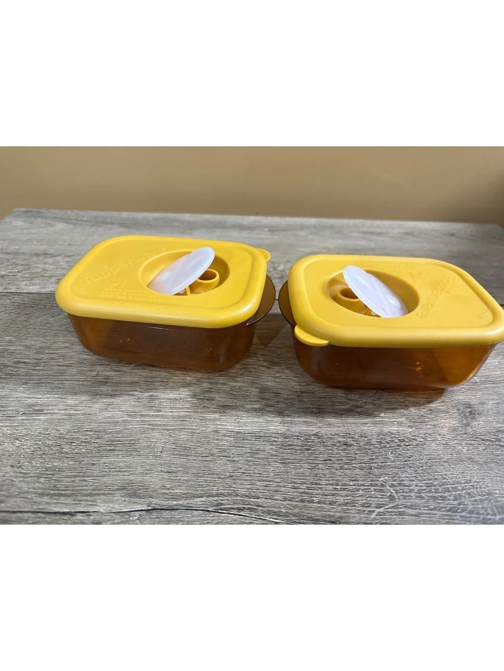 Vintage Tupperware Amber Storage Containers with Yellow Lids - Set of 2